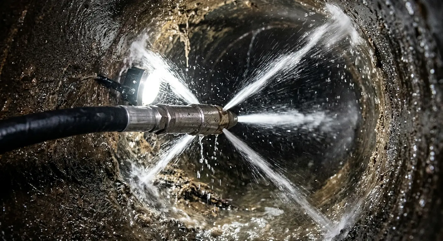 High-pressure hydro jetting nozzle cleaning sewer pipe for Trenchless Sewer Repair in Warren